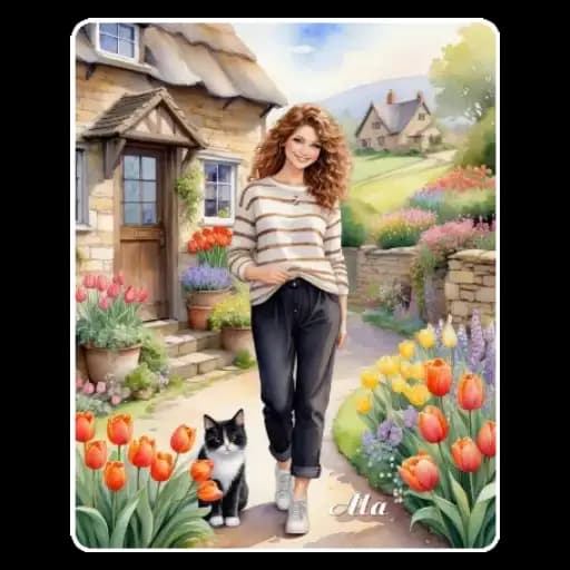 Mujer y Gatos en el Jardín — 4