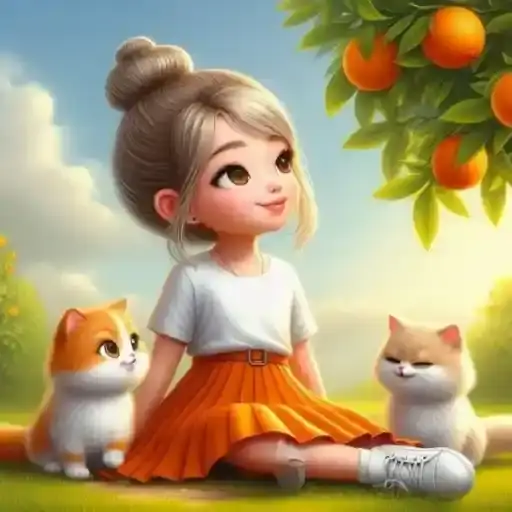 Menina e Gatos no Pomar — 1