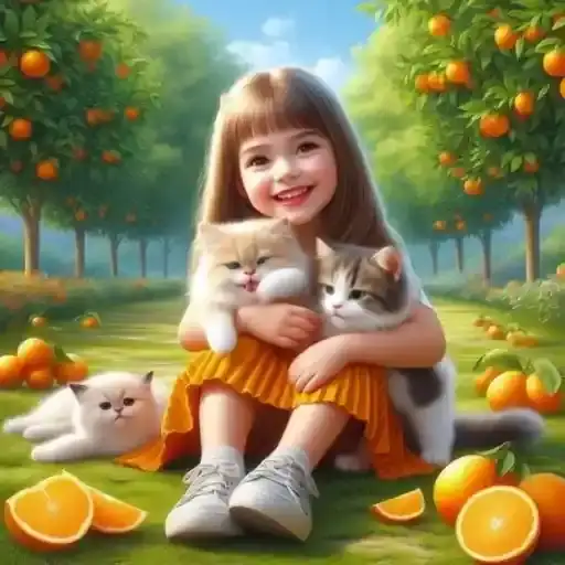 Menina e Gatos no Pomar — 3