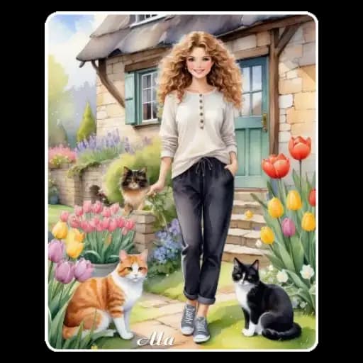 Mujer y Gatos en el Jardín — 4