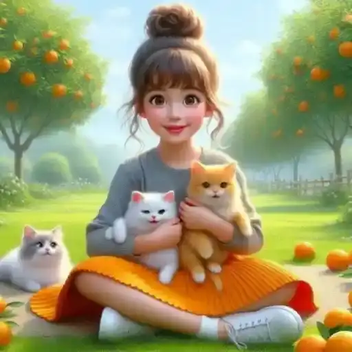 Menina e Gatos no Pomar — 2